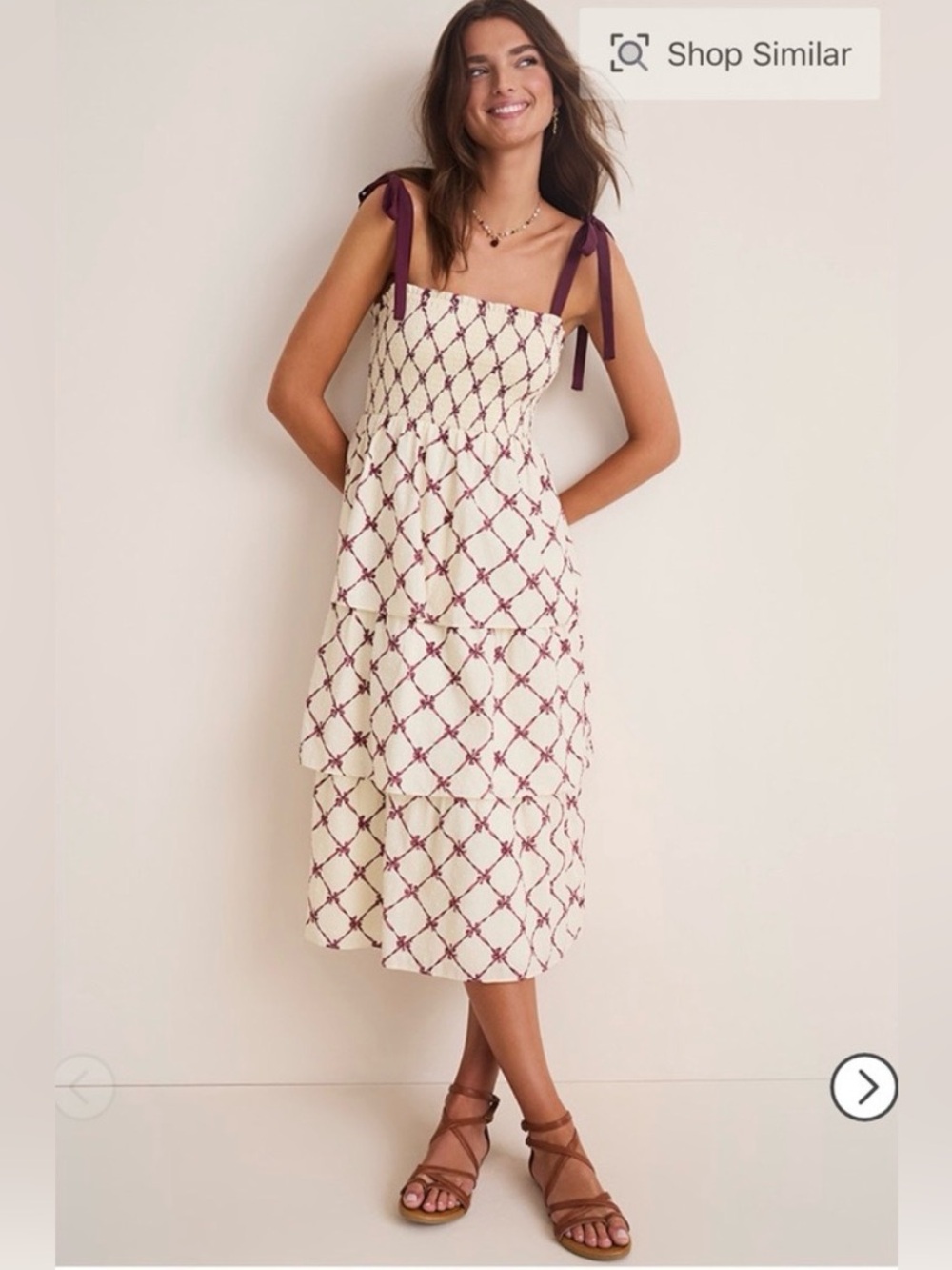 Francesca’s Maroon Bow Pattern Ruffle Tiered Maxi Dress with Tie Straps